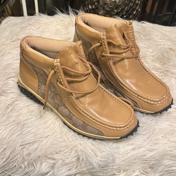 GUCCI Tan Leather and Canvas Ankle Boots - Picture 1 of 7